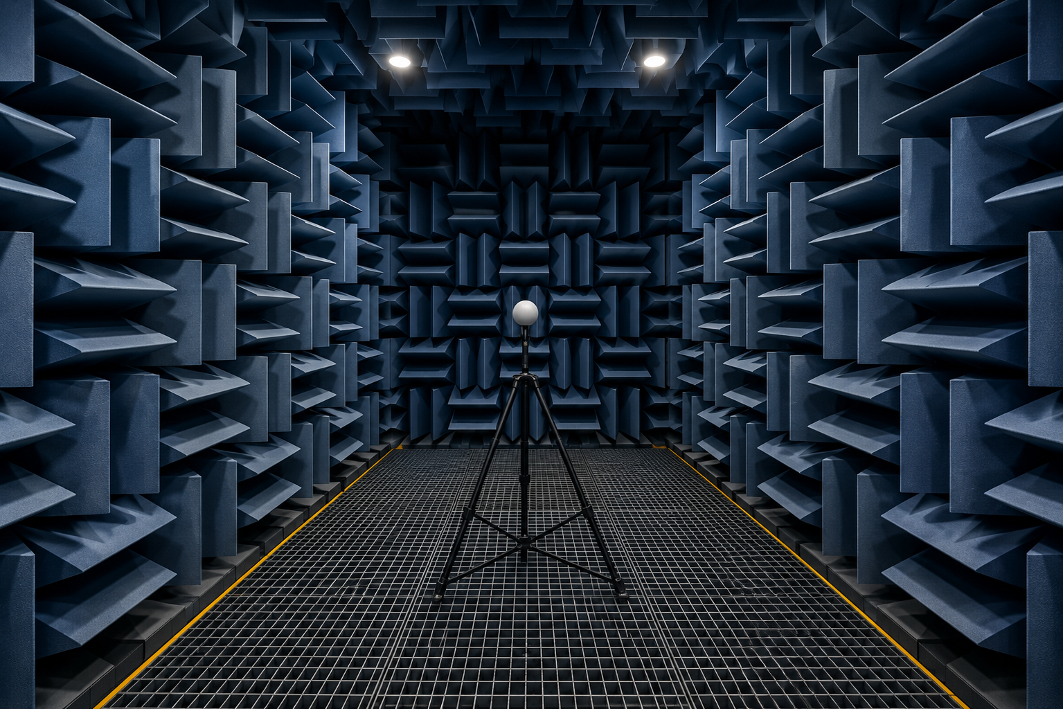 Interior of an anechoic chamber with acoustic foam wedges covering the walls and ceiling, featuring a measurement microphone mounted on a tripod in the centre for sound testing and acoustic performance verification.